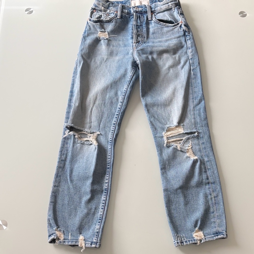 MOTHER Light Blue Distressed Straight Leg Jeans